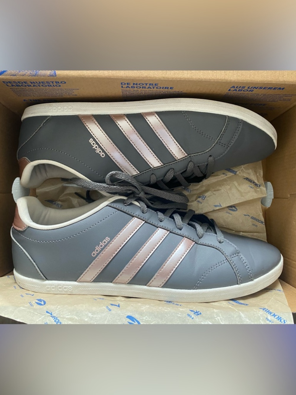 Preowned adidas Women's Matte Gray Sneakers with Pink Metallic Stripes 9.5